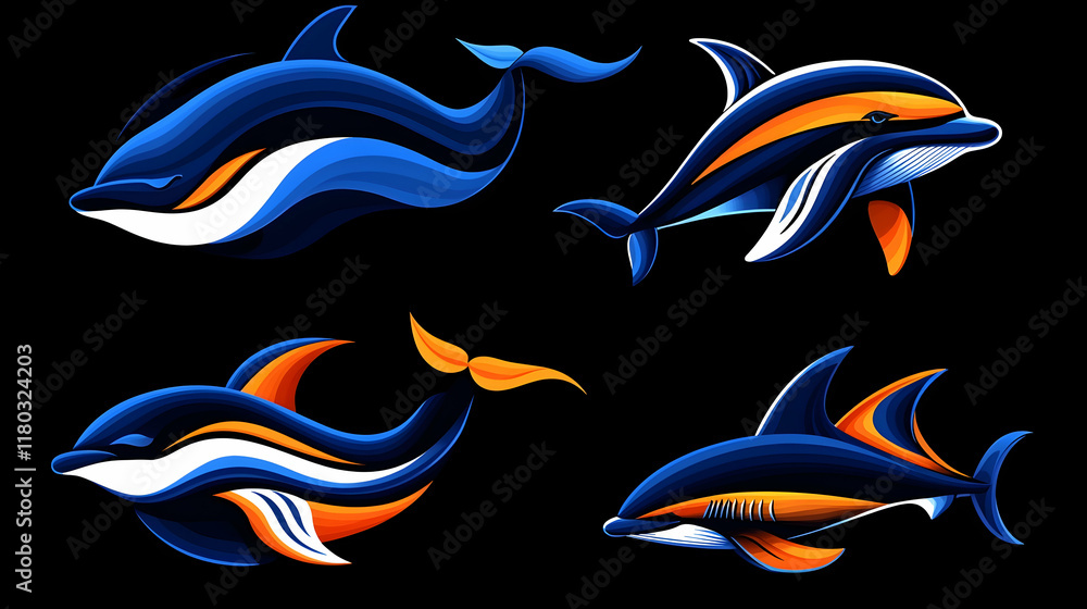 Obraz premium Abstract dolphin designs on black background.
