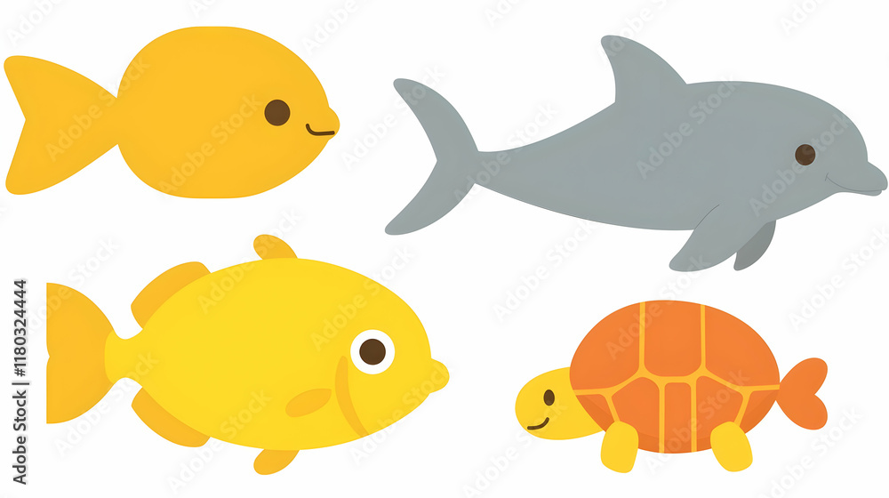 Cute cartoon fish, dolphin, and turtle on white background. Possible use for children's book illustrations or educational materials. Cute cartoon fish, dolphin, and turtle on white background. Possible use for children's book illustrations or educational materials.