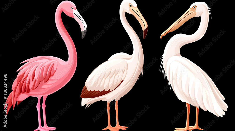 Obraz premium Colorful flamingo and pelican illustrations, side-by-side, against black background.