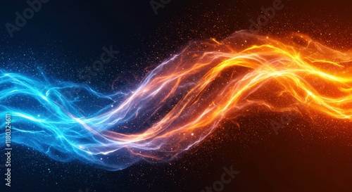 Fiery Fusion: Abstract artwork of intertwining blue and orange energy streams, creating a dynamic and visually striking image. Perfect for concepts of duality, power, and contrasting forces. 