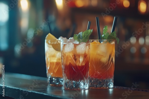 Three colorful cocktails served on a bar counter, perfect for a refreshing experience photo