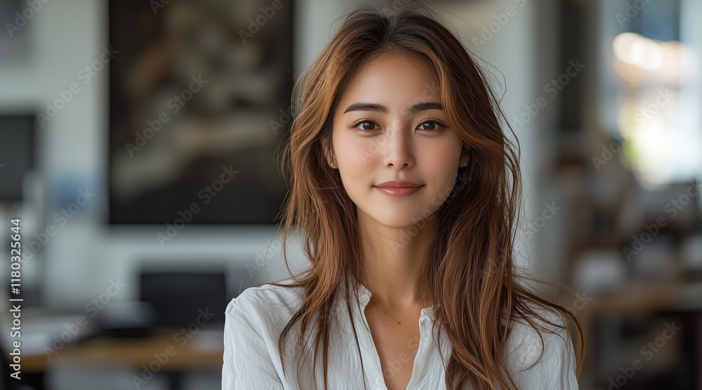 Casual portrait of an asian designer in her office standing by her desk, daylight coming through the window, corporate photography Casual portrait of an asian designer in her office standing by her desk, daylight coming through the window, corporate photography