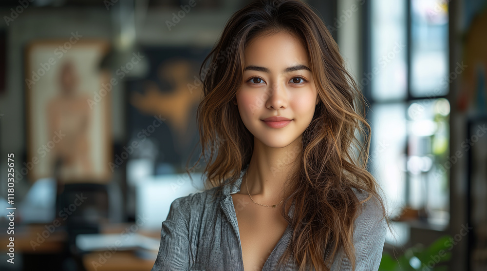 Casual portrait of an asian designer in her office standing by her desk, daylight coming through the window, corporate photography Casual portrait of an asian designer in her office standing by her desk, daylight coming through the window, corporate photography
