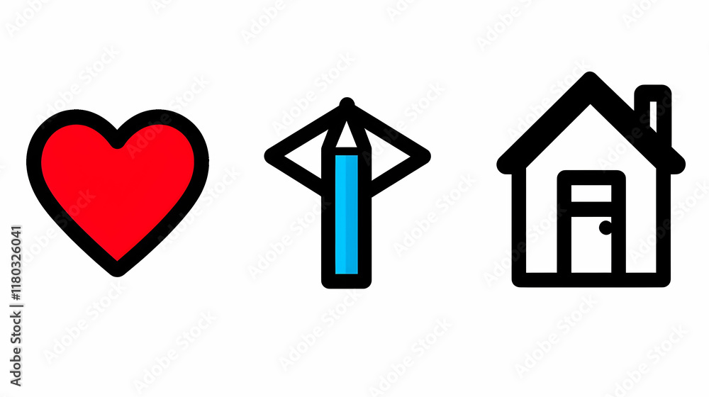 Home Sweet Home Icon Set with Heart and Pencil. Home Sweet Home Icon Set with Heart and Pencil.