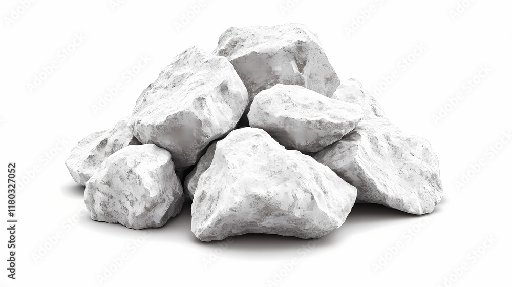 Obraz premium Pile of white powdered rocks on white background, powder, rock, mineral, white. Flamestone. Illustration