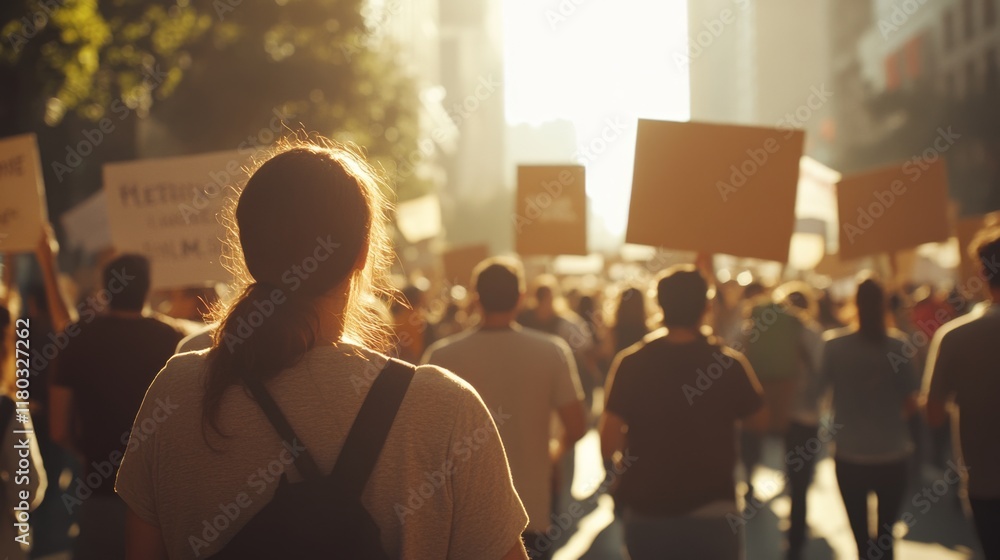 Fototapeta premium A protester watches a sunlit city street filled with marching crowds holding signs, capturing a moment of collective initiative and activism.