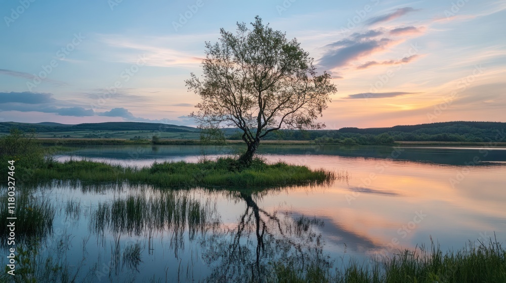 Fototapeta premium Tree on island in lake at sunset; possible nature wallpaper background use