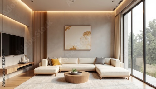 Modern art deco interior japandi living room with a large white sectional sofa  a wooden coffee table  and a large window overlooking trees.