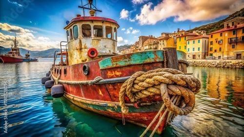 Italian Harbor Tugboat Detail - Rusty Hull, Colorful Docks, Mediterranean Sea photo