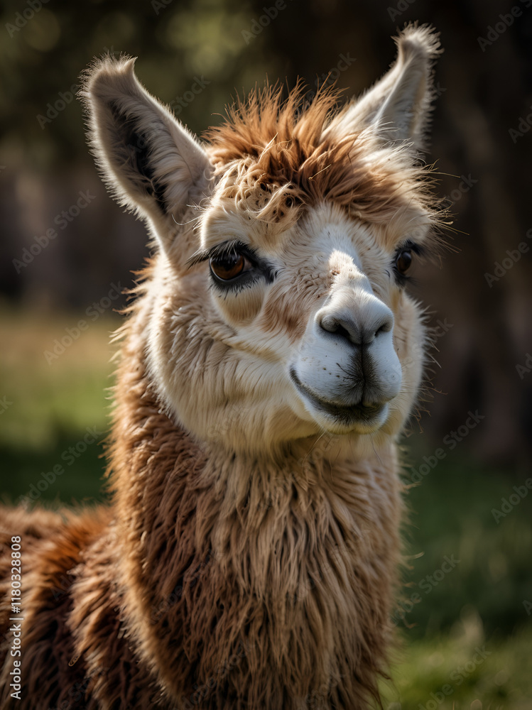 Obraz premium A llama against the background of a meadow in natural light.