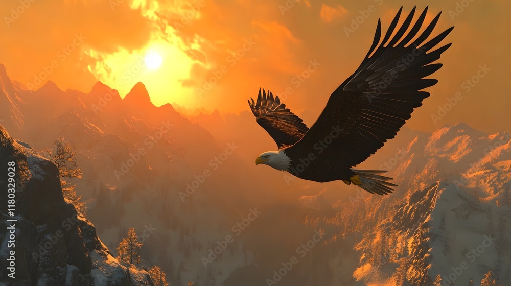 Fototapeta premium Majestic Eagle Soaring over Golden Mountain Landscape at Sunset