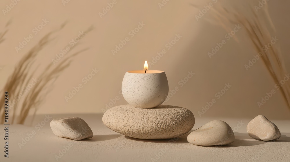 Fototapeta premium Aroma candle on beige background. Warm aesthetic composition with stones. Cozy home comfort, relaxation and wellness concept. Interior decoration mockup