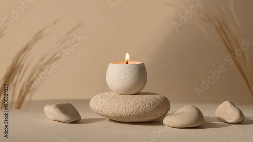 Aroma candle on beige background. Warm aesthetic composition with stones. Cozy home comfort, relaxation and wellness concept. Interior decoration mockup