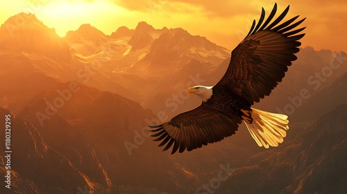 Majestic Eagle Soaring over Golden Mountain Landscape at Sunset