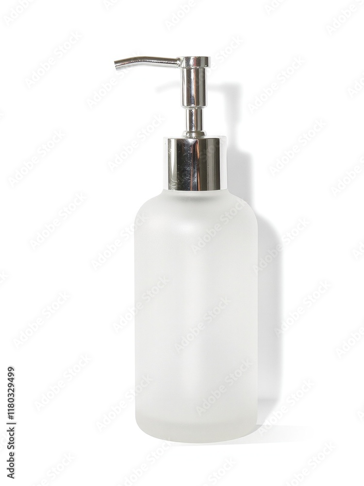 A single frosted glass pump dispenser with a metallic silver pump, set on a clean white background A single frosted glass pump dispenser with a metallic silver pump, set on a clean white background