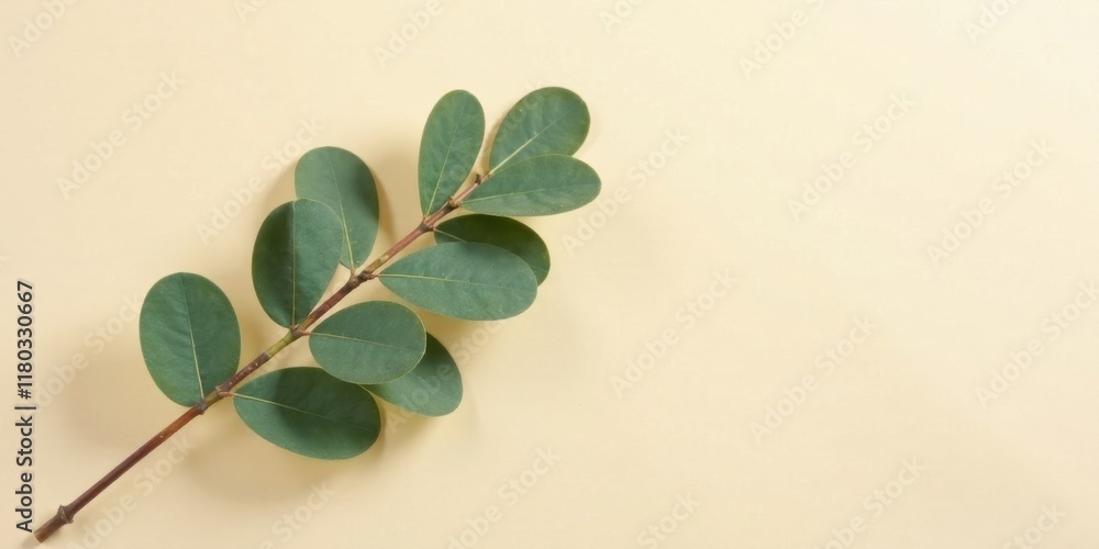 Obraz premium Single sprig of green leaves on a pale yellow background
