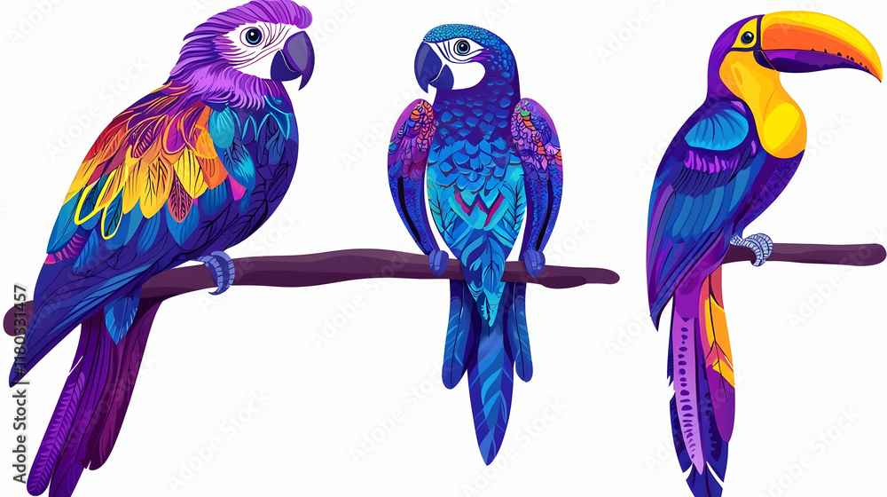 Fototapeta premium Colorful parrot illustration set, tropical birds on branch, vibrant background.