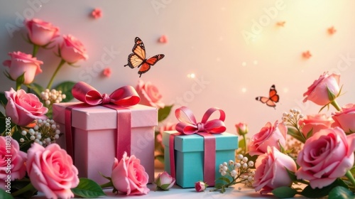 Romantic Pink Roses and Gift Boxes with Butterflies