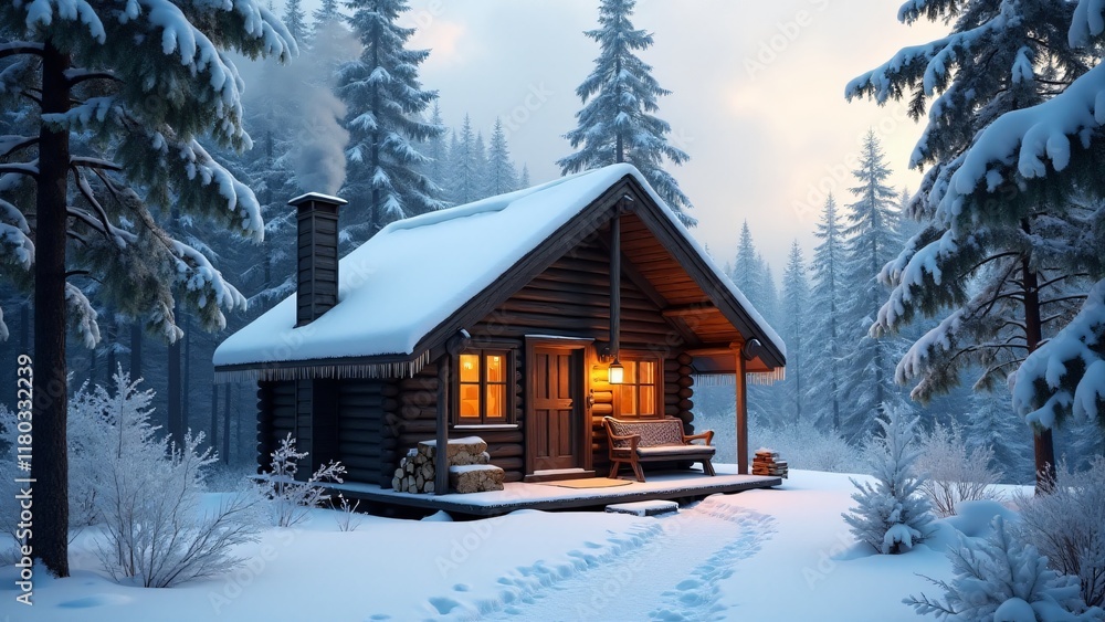 Snowy forest cabin with icicles, chimney smoke, and fresh snow. Warm, rustic winter retreat surrounded by evergreens, perfect for cozy getaway vibes and seasonal tranquility. Snowy forest cabin with icicles, chimney smoke, and fresh snow. Warm, rustic winter retreat surrounded by evergreens, perfect for cozy getaway vibes and seasonal tranquility.