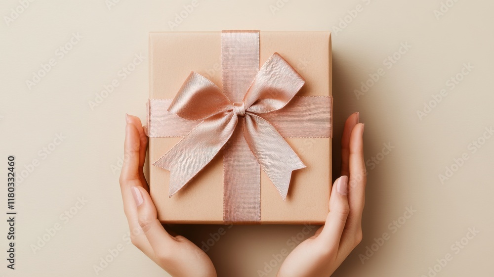 A stock illustration depicting a top view of an anonymous female holding a present box during the daytime on a blurred background. A stock illustration depicting a top view of an anonymous female holding a present box during the daytime on a blurred background.