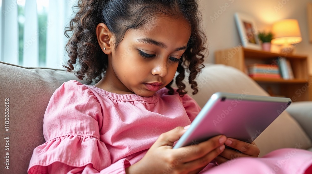 Young girl focused on tablet in cozy living room Young girl focused on tablet in cozy living room