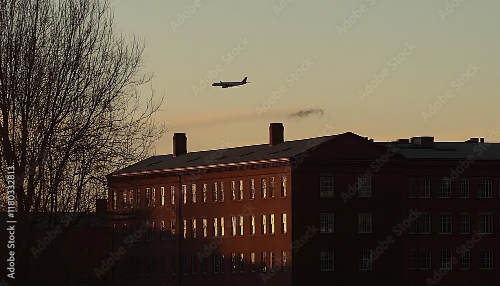 A plane flying over a building at sunset, creating a tranquil urban scene. A plane flying over a building at sunset, creating a tranquil urban scene.