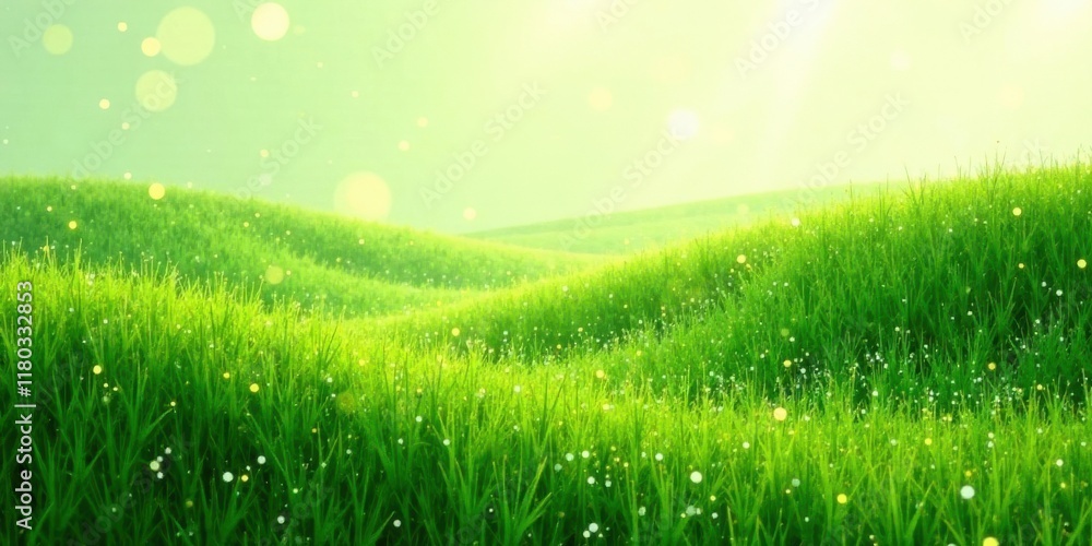 Fototapeta premium Serene Rolling Hills of Lush Green Grass with Morning Dew and Sunlight