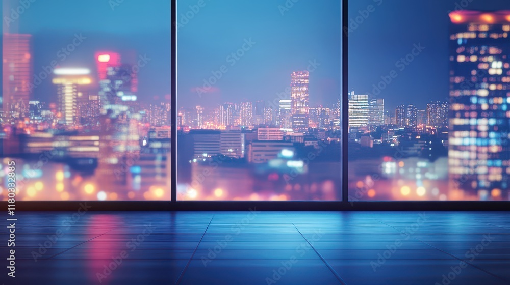 Blurred office workspace in the evening , interior workplace with cityscape for business presentation background, AI generated Blurred office workspace in the evening , interior workplace with cityscape for business presentation background, AI generated