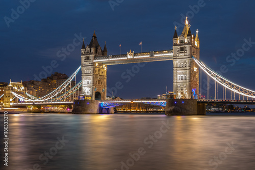 Tower Bridge, London, night, illuminated.