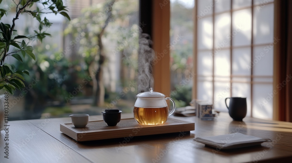 Steaming pot of tea with delicate cups in a sunlit room, providing a serene, Zen-like atmosphere with a view of a tranquil garden. Steaming pot of tea with delicate cups in a sunlit room, providing a serene, Zen-like atmosphere with a view of a tranquil garden.
