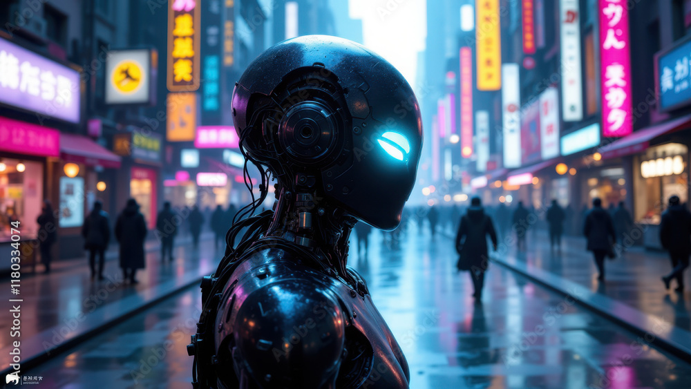 An AI robot walking on a rainy urban street at night.