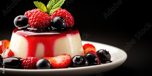 Creamy panna cotta dessert topped with fresh raspberries blueberries and strawberries drizzled with berry sauce photo