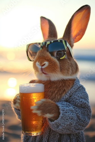 Rabbit with beer on beach