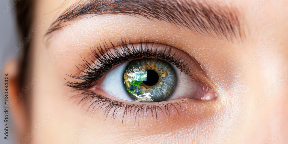 Obraz premium Planet earth in eye ball. Portrait of a young beautiful woman close-up of the eyes of the color of the globe in the pupil. Creative concept of nature defenders, eco-activists