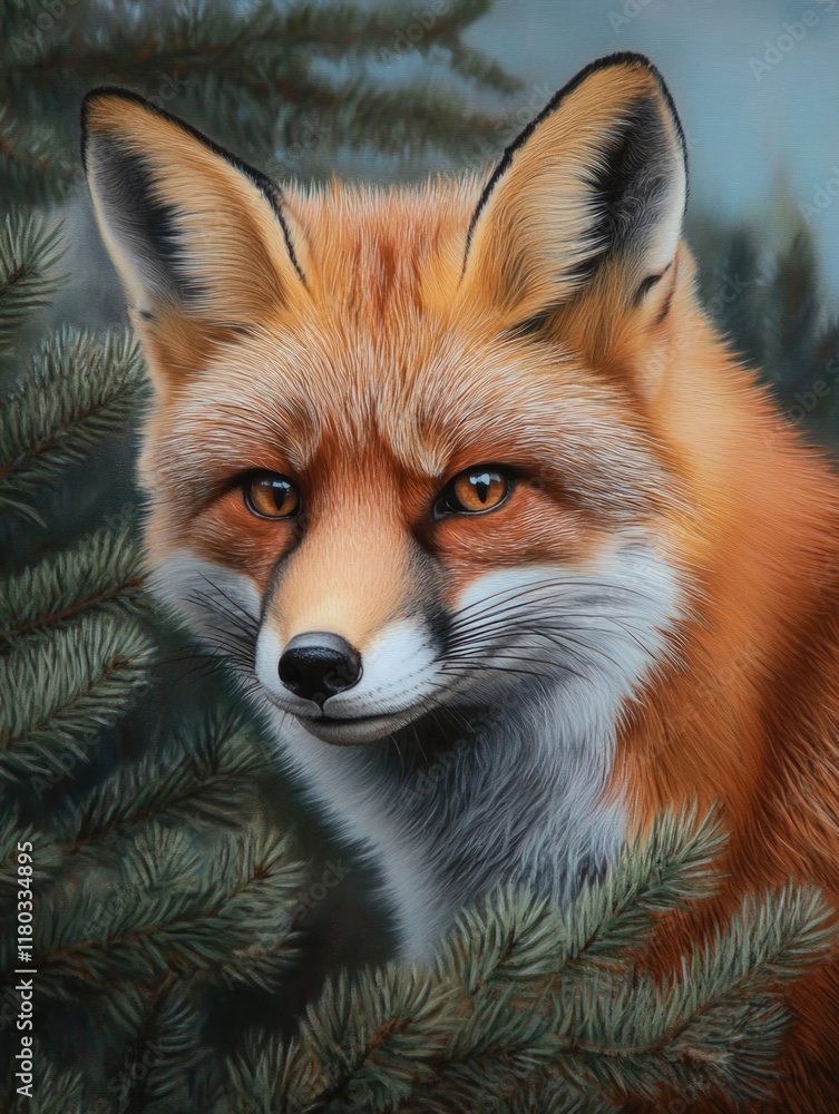 Fototapeta premium Red Fox in Pine Tree