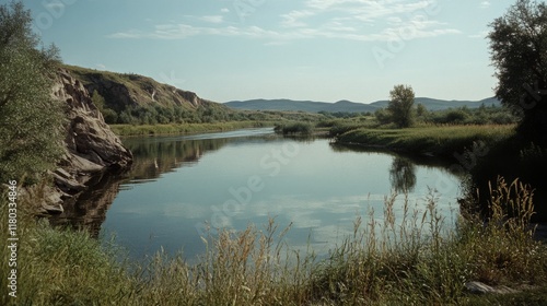A tranquil river reflects the majestic landscape, surrounded by lush greenery and distant hills under a serene blue sky.