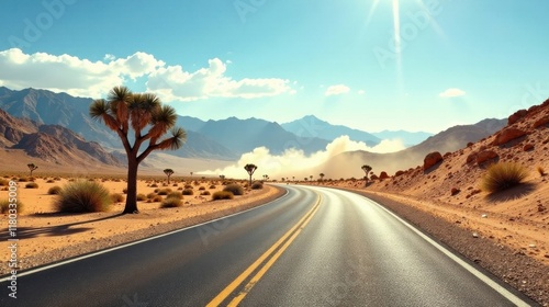 Asphalt ribbon winding through a sun-drenched desert landscape under a vibrant sky