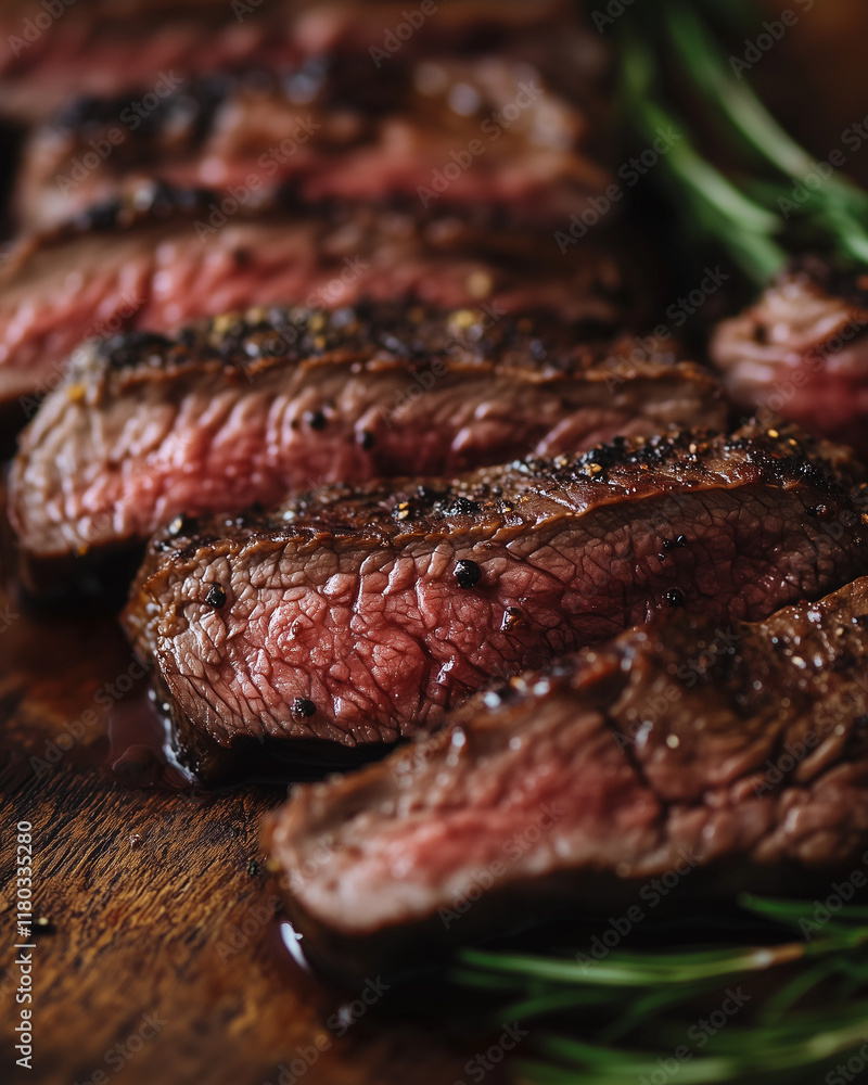 Sliced steak on wooden board with herbs Sliced steak on wooden board with herbs