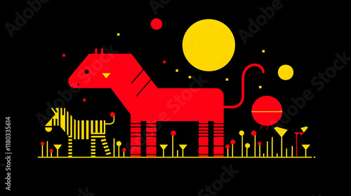 Red Zebra Family Night Abstract Graphic Design, Dark Background, Floral, Illustration. photo