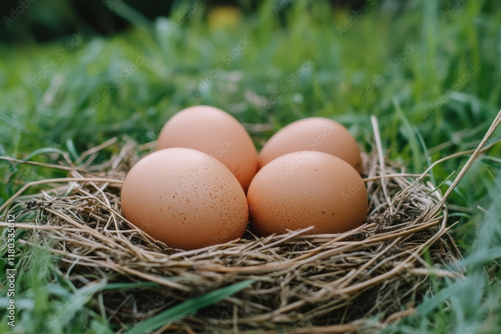 Four Brown Eggs Nestled In A Grassy Bird Nest Four Brown Eggs Nestled In A Grassy Bird Nest