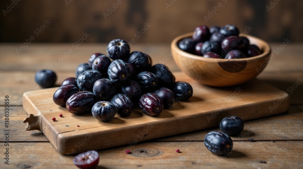 A Pile of Dark Purple Plums on a Wooden Cutting Board with a Wooden Bowl of Plums A Pile of Dark Purple Plums on a Wooden Cutting Board with a Wooden Bowl of Plums