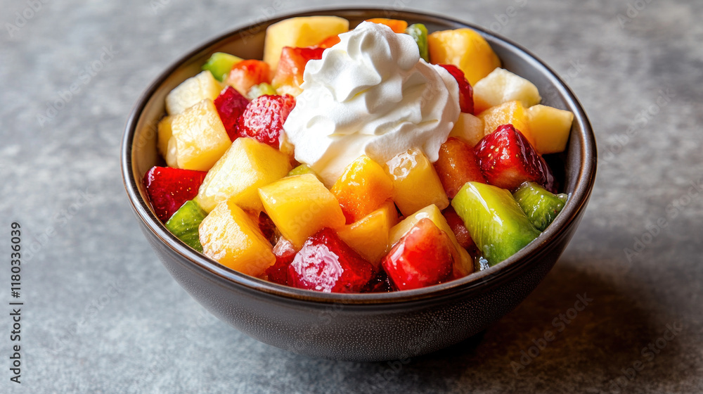 Fresh fruit salad with whipped cream in a bowl. (1) Fresh fruit salad with whipped cream in a bowl. (1)
