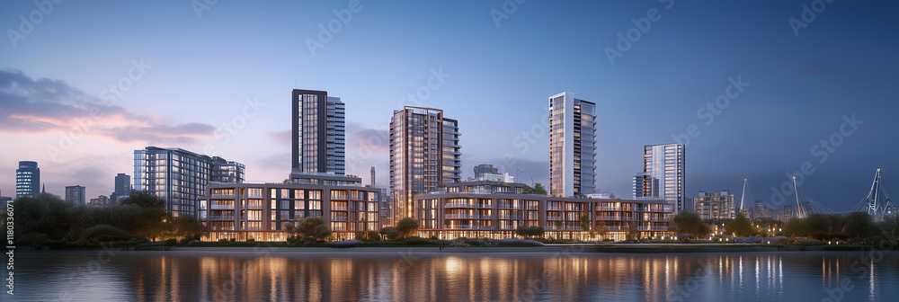 Naklejka premium Modern riverfront residential towers with illuminated windows at dusk