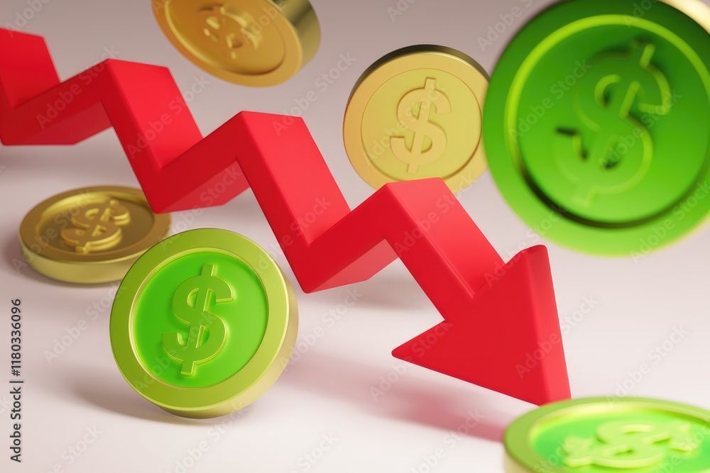 Falling dollar coins alongside a downward red arrow, symbolizing economic decline or financial crisis. Falling dollar coins alongside a downward red arrow, symbolizing economic decline or financial crisis.