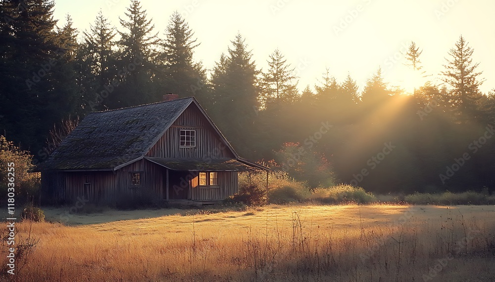 A rustic wooden house surrounded by trees at sunrise in a tranquil landscape. A rustic wooden house surrounded by trees at sunrise in a tranquil landscape.