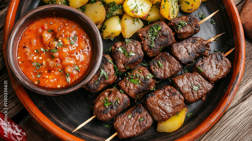 Grilled beef skewers with potatoes and sauce on wooden table Grilled beef skewers with potatoes and sauce on wooden table