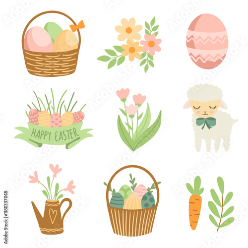 Set of cute Easter characters and elements. Easter bunny, chicks, eggs and flowers. Vector illustration.