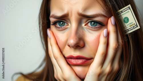 pretty woman feeling sad and whiney with an unhappy look and crying. dollar banknotes concept photo