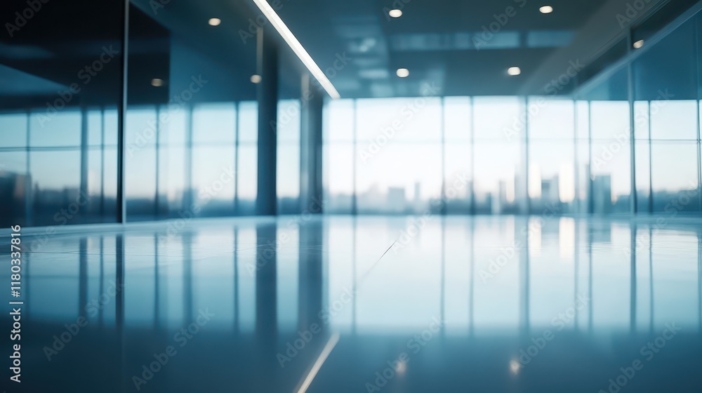 blurred for background. office building interior, empty hall in the modern office building. empty open space office. panoramic windows and beautiful lighting