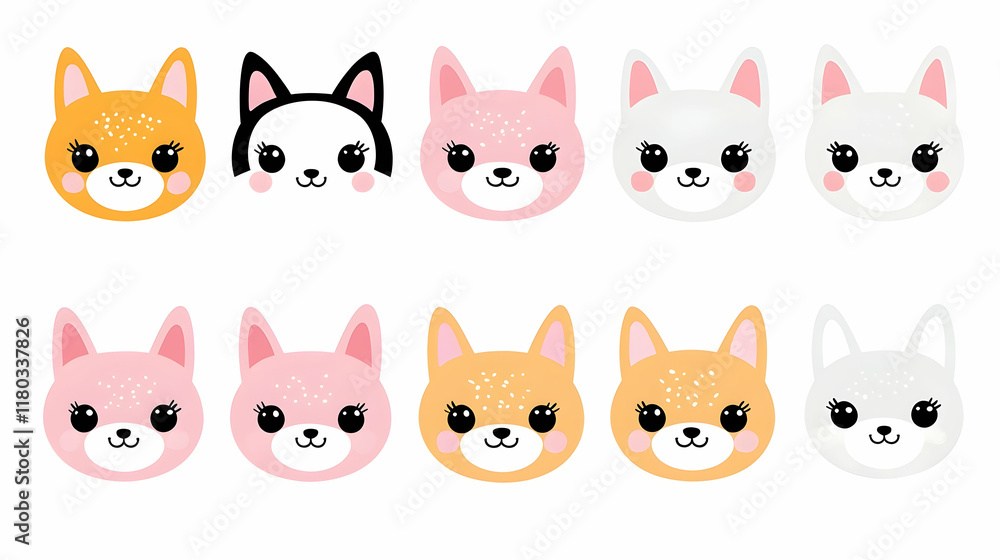 Cute cartoon puppy faces, various colors, white background, for kids' design. Cute cartoon puppy faces, various colors, white background, for kids' design.